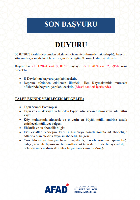 Hak Sahipliği Son Başvuru Duyurusu